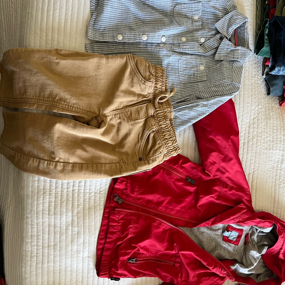 Red Jacket with Tan Pants and Striped Shirt